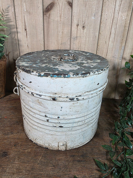 Original Vintage Rustic Painted Metal Hat Storage Box Tin