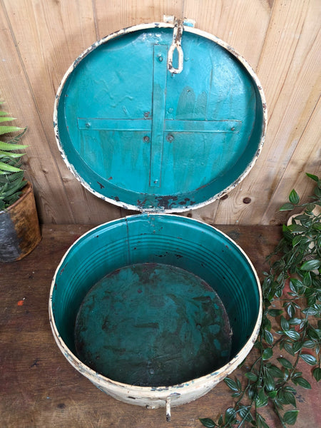 Original Vintage Rustic Painted Metal Hat Storage Box Tin
