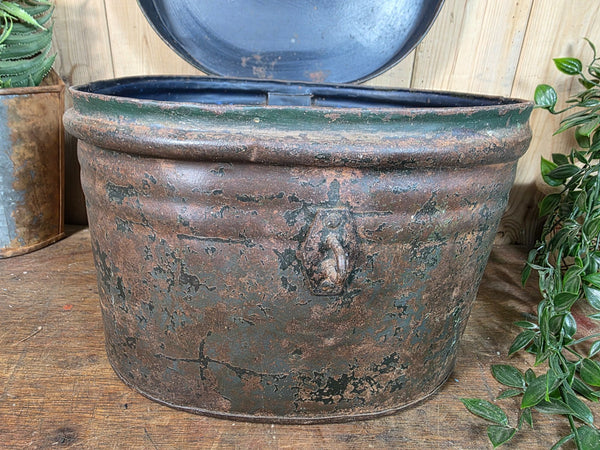 Original Vintage Rustic Painted Metal Hat Storage Box Tin