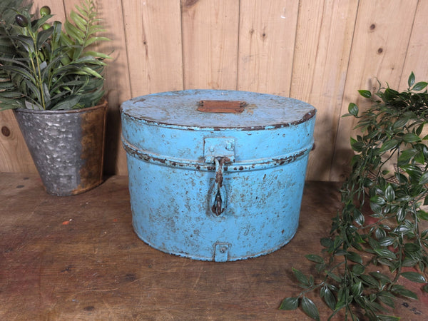 Original Vintage Rustic Painted Metal Hat Storage Box Tin