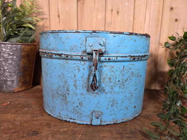 Original Vintage Rustic Painted Metal Hat Storage Box Tin