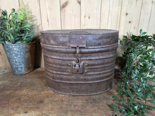 Original Vintage Rustic Painted Metal Hat Storage Box Tin