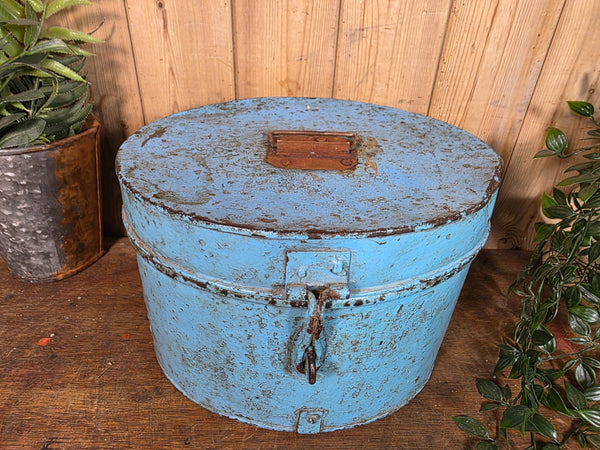 Original Vintage Rustic Painted Metal Hat Storage Box Tin