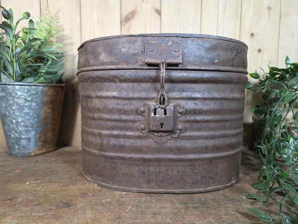 Original Vintage Rustic Painted Metal Hat Storage Box Tin