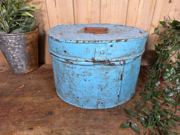 Original Vintage Rustic Painted Metal Hat Storage Box Tin