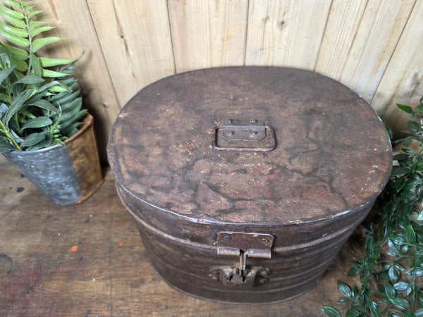 Original Vintage Rustic Painted Metal Hat Storage Box Tin