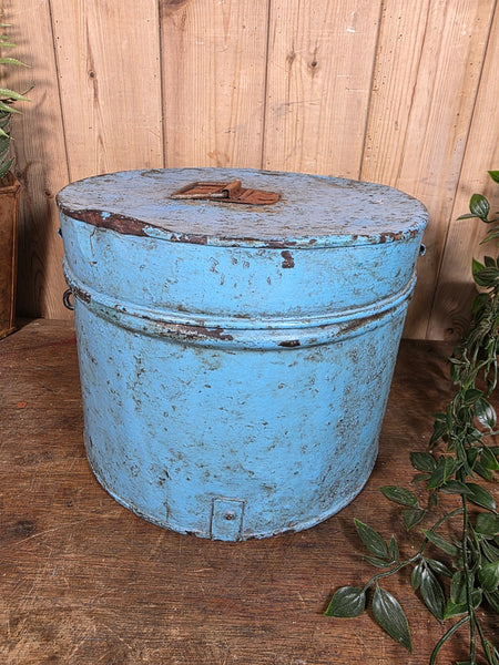 Original Vintage Rustic Painted Metal Hat Storage Box Tin