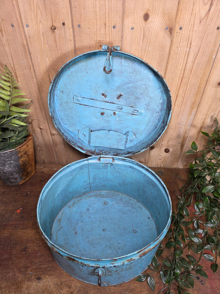 Original Vintage Rustic Painted Metal Hat Storage Box Tin