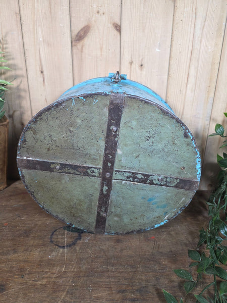 Original Vintage Rustic Painted Metal Hat Storage Box Tin