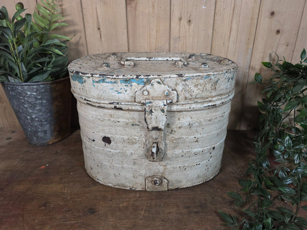 Original Vintage Rustic Painted Metal Hat Storage Box Tin