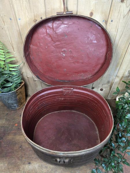 Original Vintage Rustic Painted Metal Hat Storage Box Tin