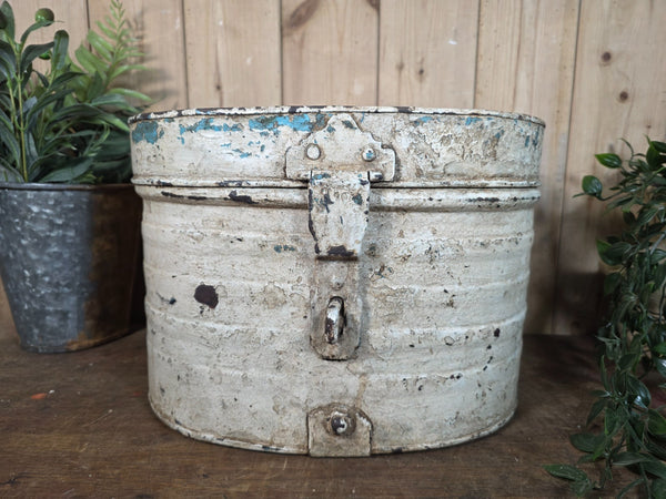 Original Vintage Rustic Painted Metal Hat Storage Box Tin