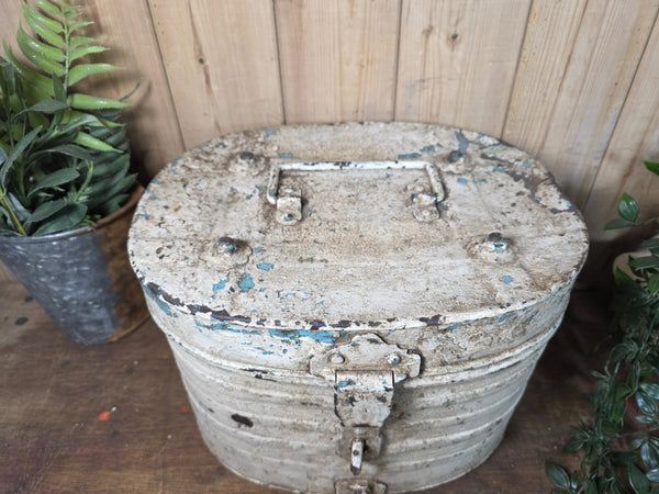Original Vintage Rustic Painted Metal Hat Storage Box Tin