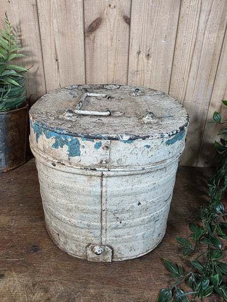 Original Vintage Rustic Painted Metal Hat Storage Box Tin