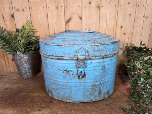 Original Vintage Rustic Painted Metal Hat Storage Box Tin