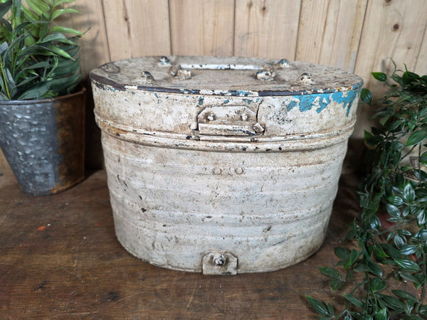Original Vintage Rustic Painted Metal Hat Storage Box Tin