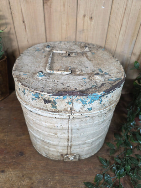 Original Vintage Rustic Painted Metal Hat Storage Box Tin