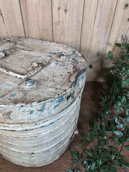 Original Vintage Rustic Painted Metal Hat Storage Box Tin