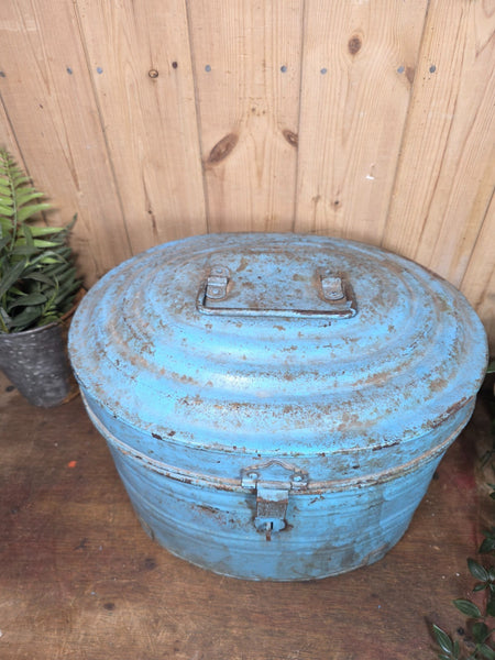 Original Vintage Rustic Painted Metal Hat Storage Box Tin