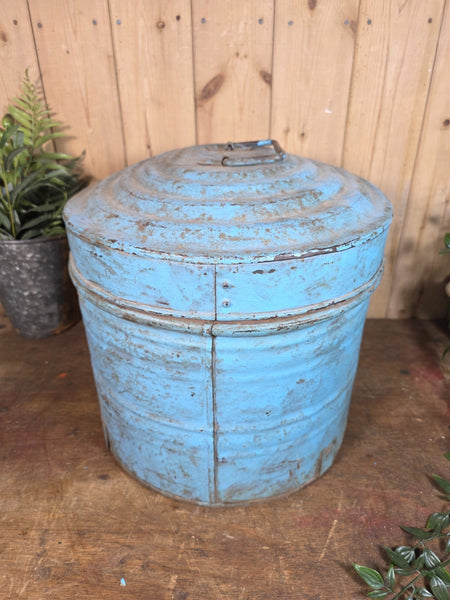 Original Vintage Rustic Painted Metal Hat Storage Box Tin