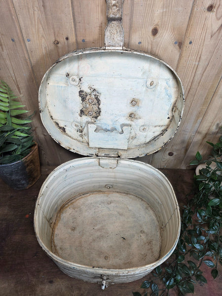 Original Vintage Rustic Painted Metal Hat Storage Box Tin