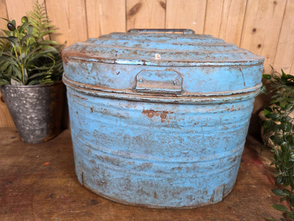 Original Vintage Rustic Painted Metal Hat Storage Box Tin