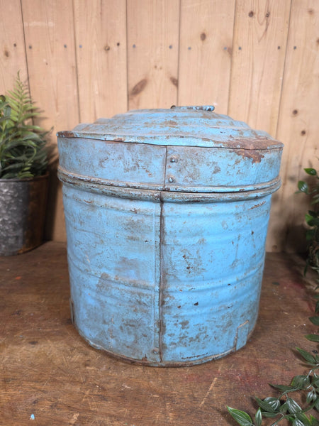 Original Vintage Rustic Painted Metal Hat Storage Box Tin