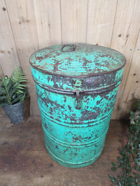 Old Vintage Rustic Industrial Indian Metal Rice Storage Drum Barrel Canister Bin
