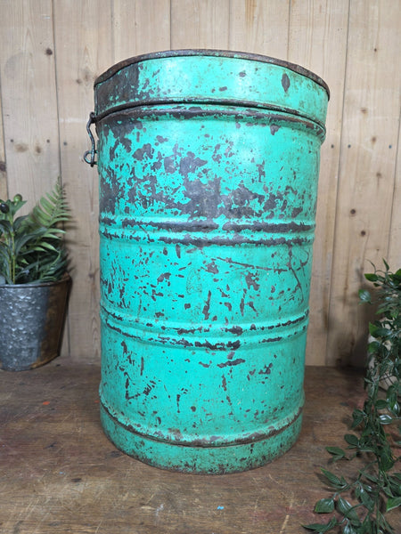 Old Vintage Rustic Industrial Indian Metal Rice Storage Drum Barrel Canister Bin