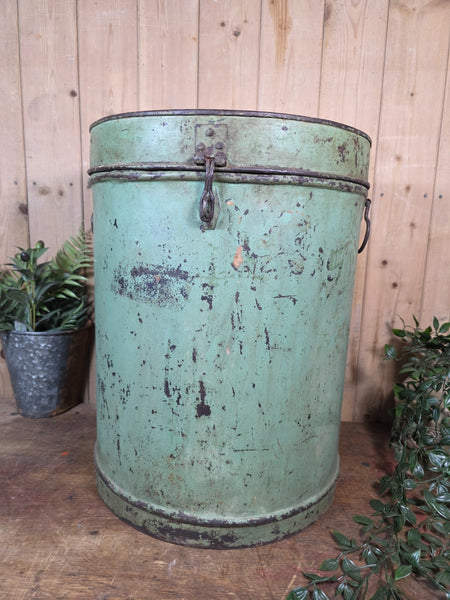 Large Vintage Rustic Industrial Indian Metal Rice Storage Barrel Canister Bin