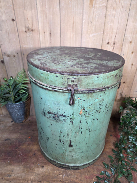 Large Vintage Rustic Industrial Indian Metal Rice Storage Barrel Canister Bin