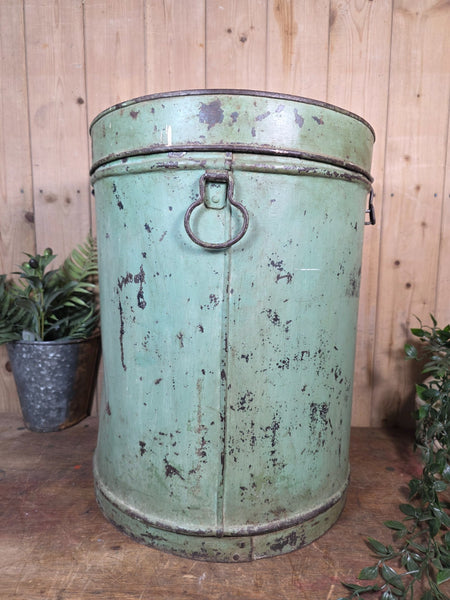 Large Vintage Rustic Industrial Indian Metal Rice Storage Barrel Canister Bin
