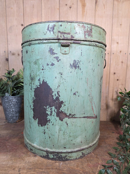Large Vintage Rustic Industrial Indian Metal Rice Storage Barrel Canister Bin