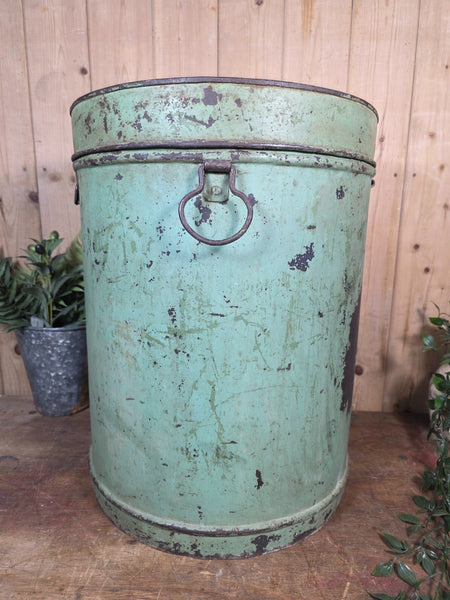 Large Vintage Rustic Industrial Indian Metal Rice Storage Barrel Canister Bin