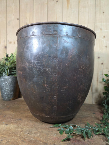 Vintage Rustic Riveted Metal Planter Pot Bucket Tub Bin