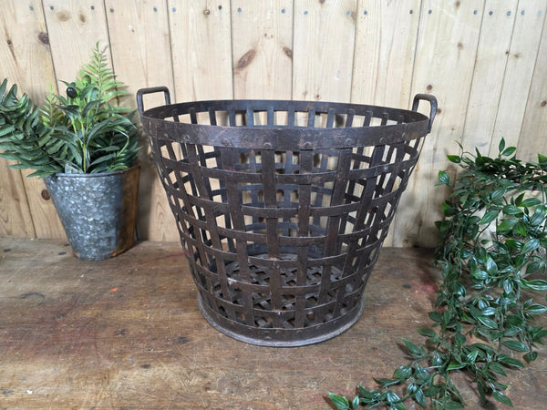 Vintage Rustic Riveted Metal Iron Log Kindling Basket Bin