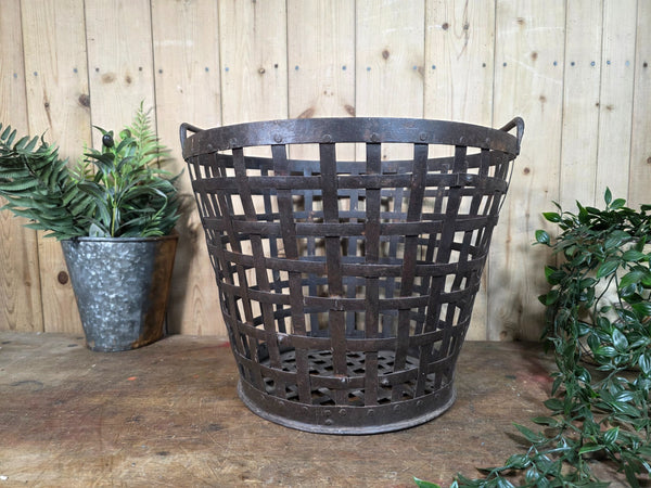 Vintage Rustic Riveted Metal Iron Log Kindling Basket Bin