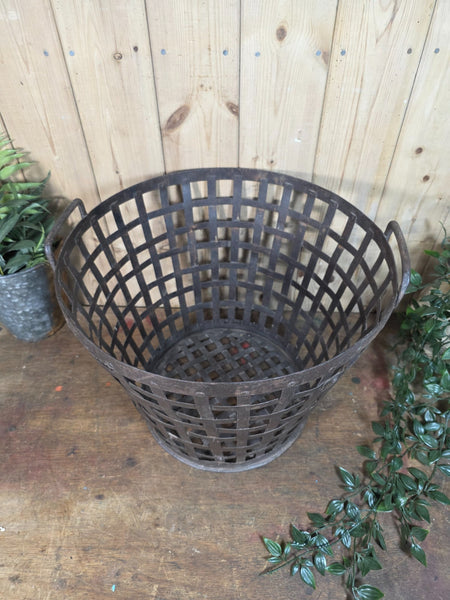 Vintage Rustic Riveted Metal Iron Log Kindling Basket Bin