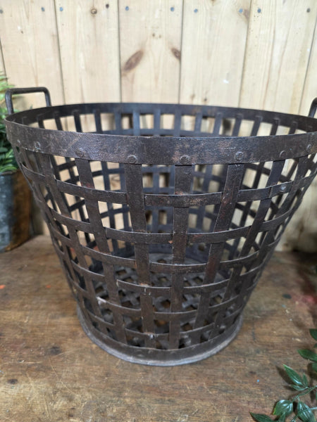 Vintage Rustic Riveted Metal Iron Log Kindling Basket Bin