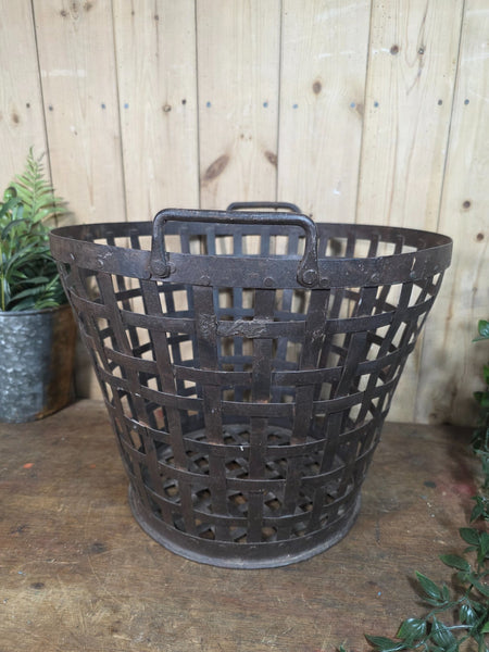 Vintage Rustic Riveted Metal Iron Log Kindling Basket Bin