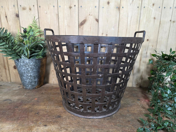 Vintage Rustic Riveted Metal Iron Log Kindling Basket Bin