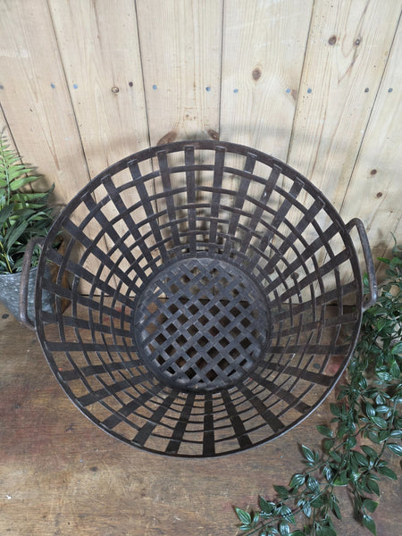 Vintage Rustic Riveted Metal Iron Log Kindling Basket Bin
