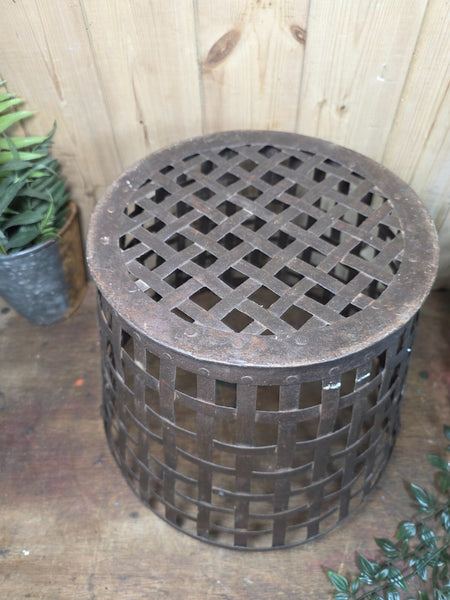 Vintage Rustic Riveted Metal Iron Log Kindling Basket Bin