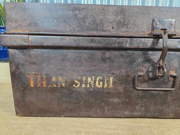 Vintage Rustic Indian Metal Bombay Railway Carriage Steamer Trunk  Display Prop