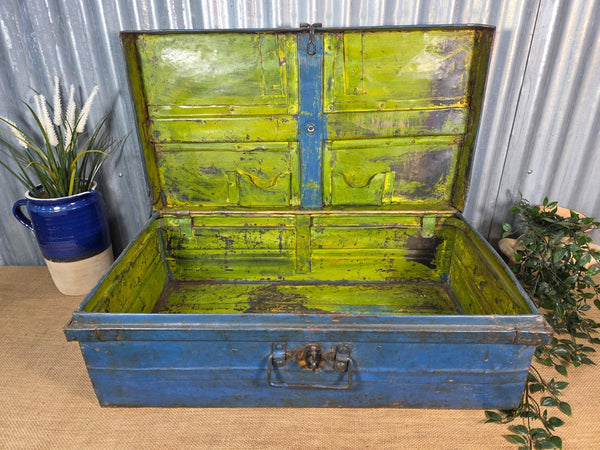 Vintage Rustic Indian Metal Bombay Railway Carriage Steamer Trunk  Display Prop