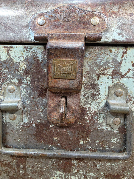 Vintage Rustic Indian Metal Bombay Railway Carriage Steamer Trunk  Display Prop