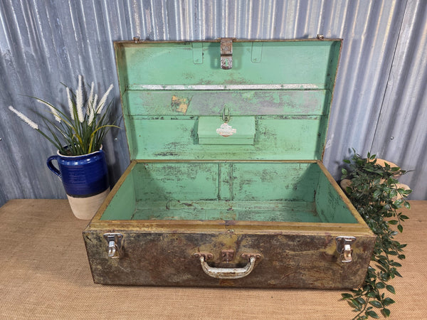 Vintage Rustic Indian Metal Bombay Railway Carriage Steamer Trunk  Display Prop