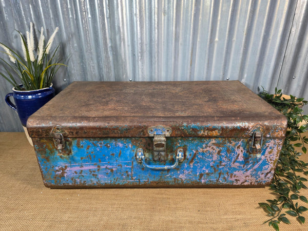 Vintage Rustic Indian Metal Bombay Railway Carriage Steamer Trunk  Display Prop