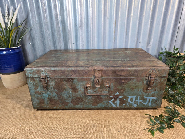 Vintage Rustic Indian Metal Bombay Railway Carriage Steamer Trunk  Display Prop