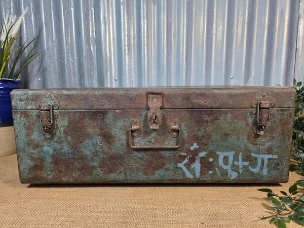 Vintage Rustic Indian Metal Bombay Railway Carriage Steamer Trunk  Display Prop